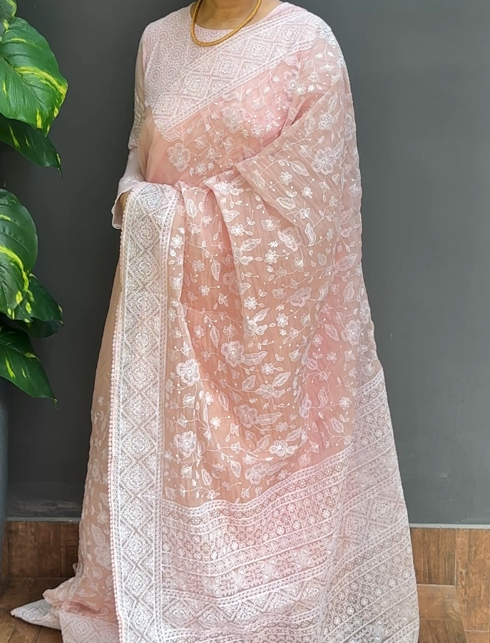 2100SR04 | Pastel Peach Crushed Organza Saree W/ Full Body Chikankari Work W/ Border & Pallu