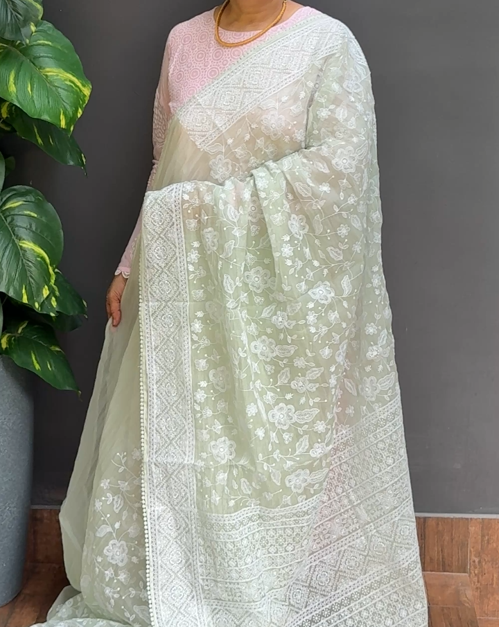 2100SR05 | Pastel Mint Green Crushed Organza Saree W/ Full Body Chikankari Work W/ Border & Pallu