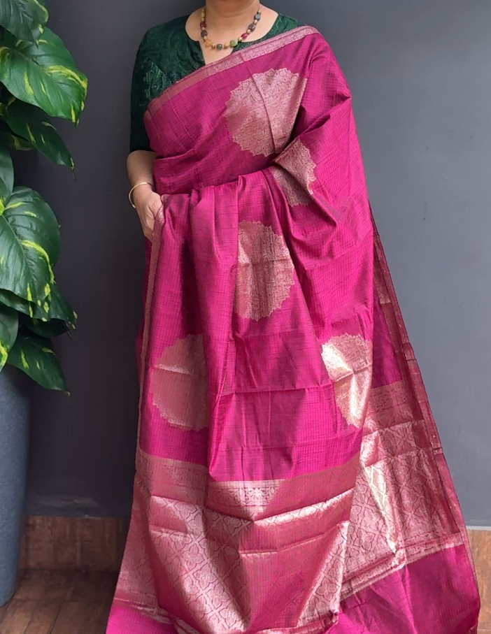 2078SR06 | Persian Rose Chanderi Silk Saree W/ Full Body Zari Woven Motifs W/ Border & Brocade Pallu