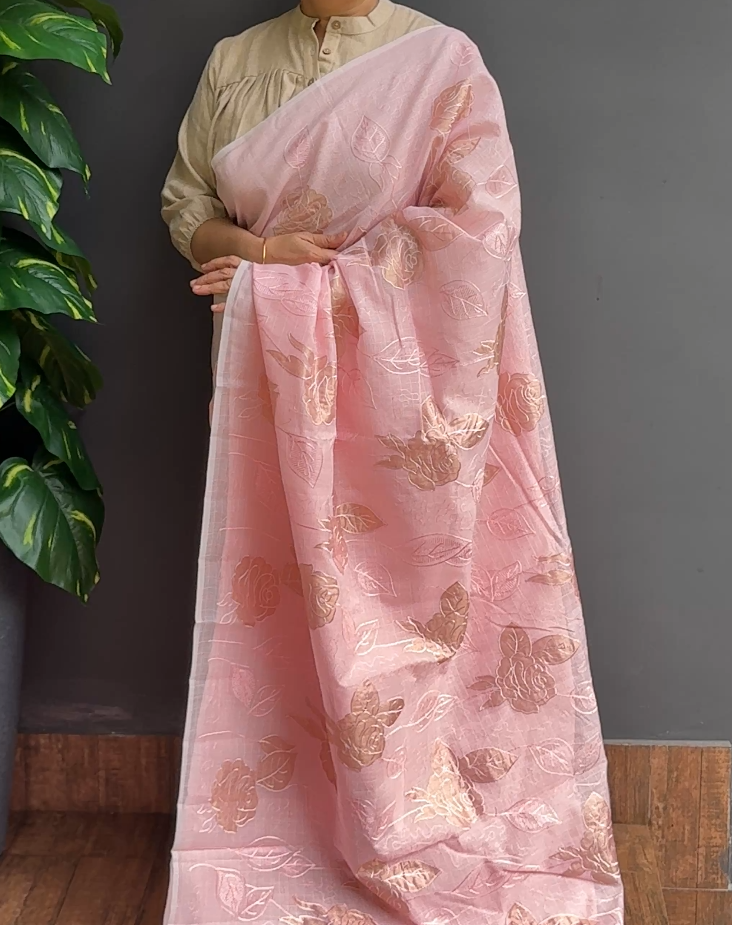 2082SR06 | Pastel Baby Pink Moonga Silky Check Cotta Saree W/ Full Body Floral Applique Work W/ Pallu