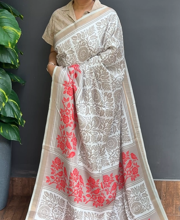 2109SR06 | Chikku Blended Beige With Off-White Soft Semi Silk Saree W/ Full Body Paisely Design W/ Border & Pallu