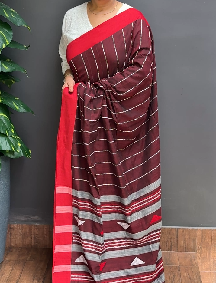 2053SR08 | Maroon Blended Coffee Brown Khadi Cotton Saree W/ Full Body Vertical Thread Woven Pattern W/ Border & Pallu