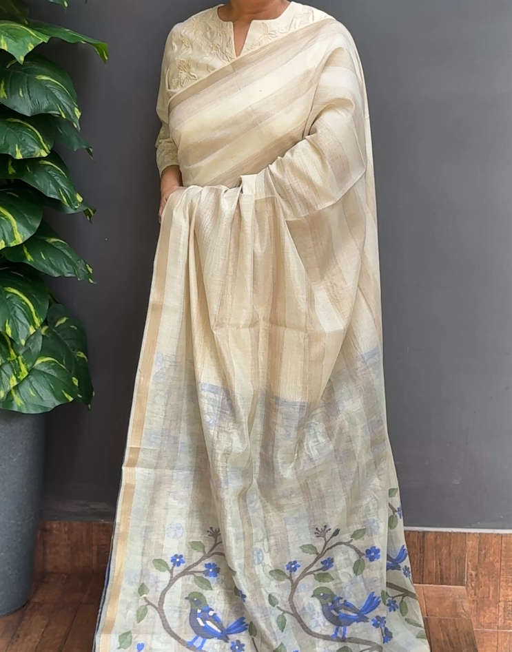 2104SR08 | Pearl Cream Soft Chanderi Saree W/ Full Body Horizontal Line Pattern W/ Border & Jamdhani Woven Pallu