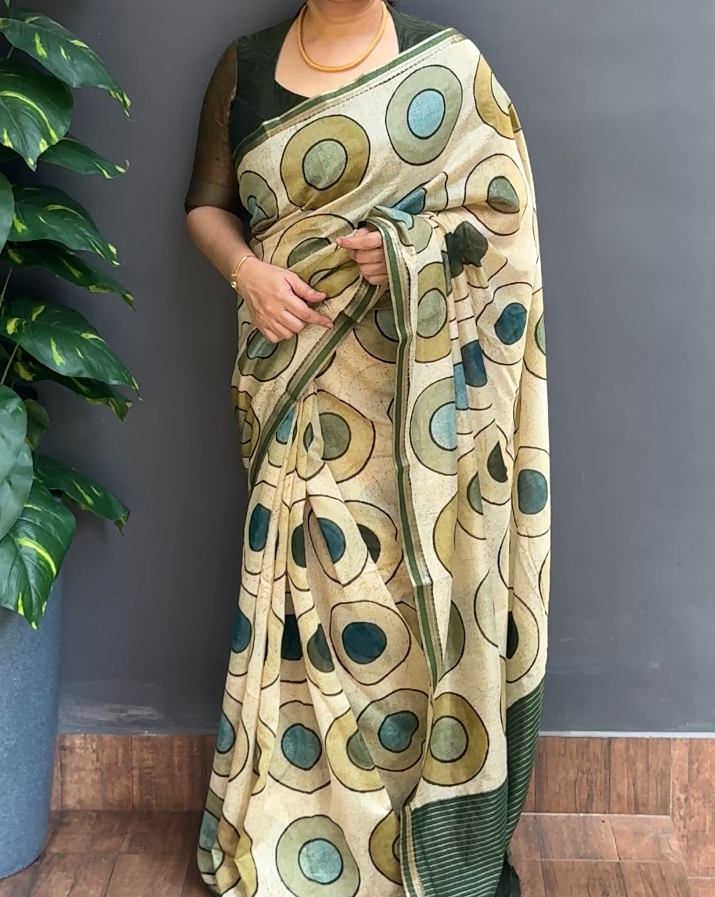 2118SR01 | Ivory Cream Pure Chanderi Silk Saree W/ Full Body Multicolor Circular Motifs W/ Border & Pallu