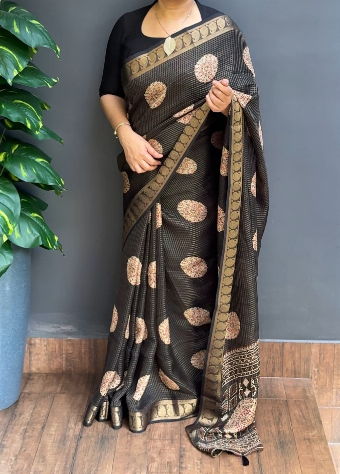 2159SR01 | Jet Black Semi Silk Saree W/ Full Body Zari Woven Checkered Pattern W/ Border & Pallu