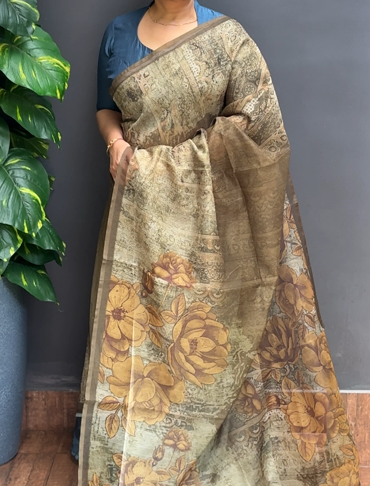 2113SR11 | Multicolor Super-Net Cotta Saree W/ Full Body Paisely Design-Geometrical Pattern W/ Border & Pallu