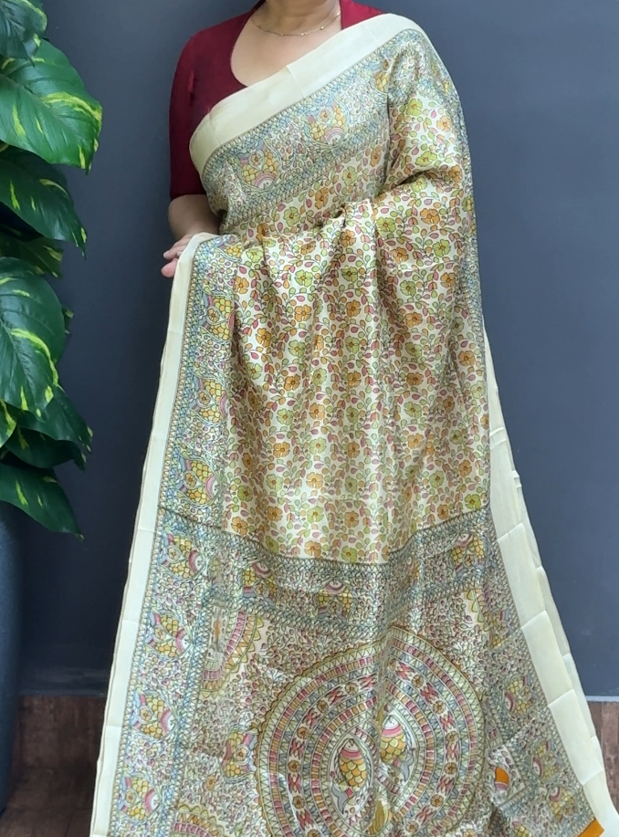 2114SR11 | Multicolor Semi Silk Saree W/ Full Body Madhubani Design W/ Border & Pallu