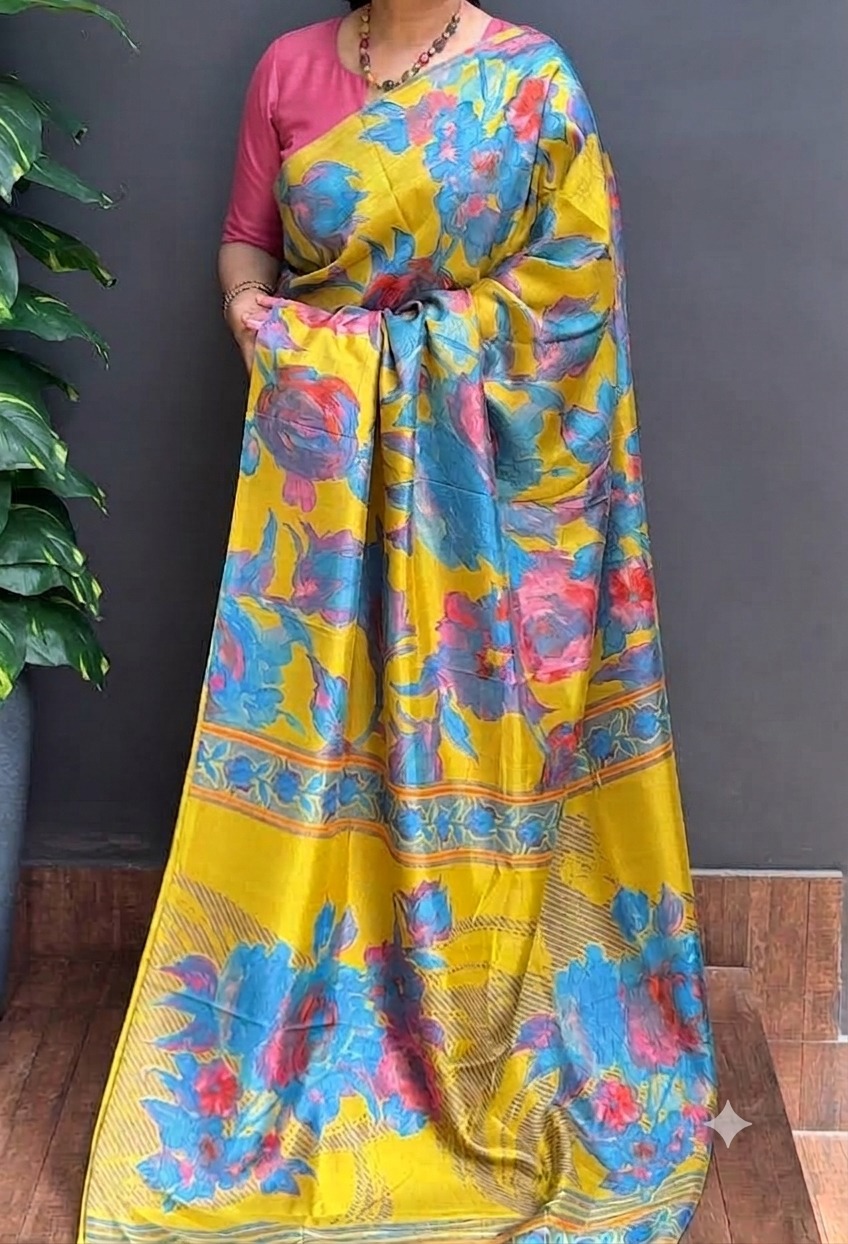 2131SR02 | Greenish Yellow Soft Semi Silk Saree W/ Full Body Multicolor Floral Design W/ Pallu