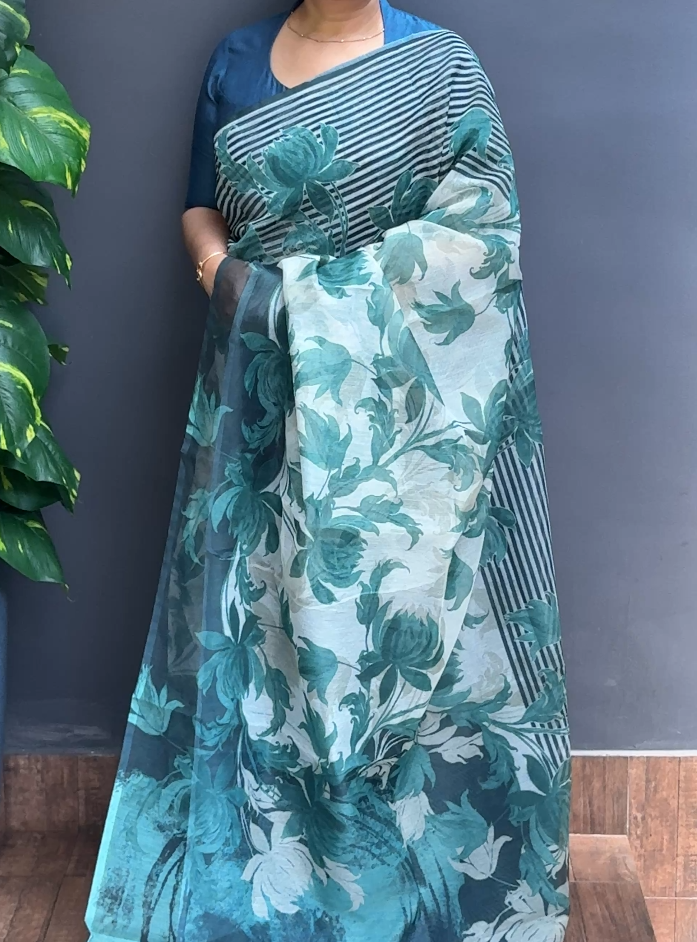 2113SR02 | Multicolor Super-Net Cotta Saree W/ Full Body Floral Design W/ Border & Pallu