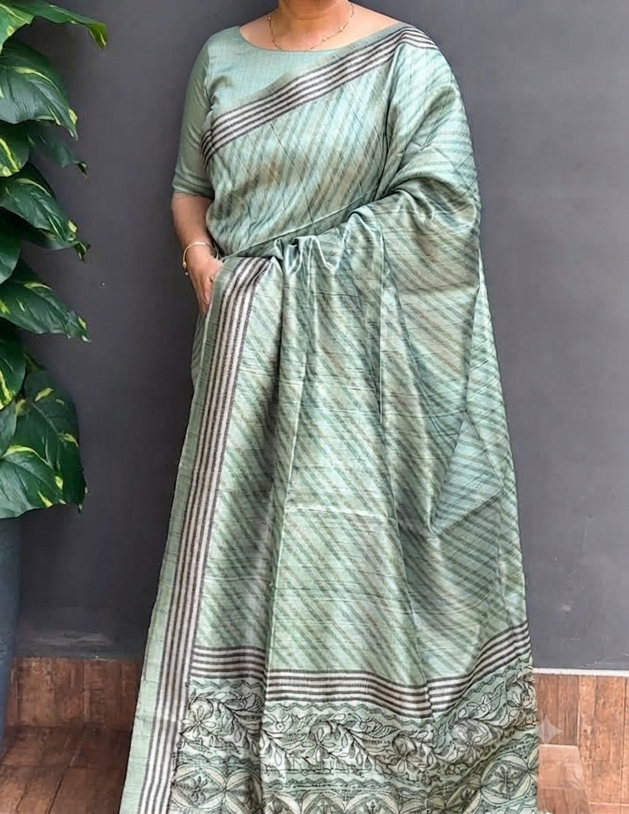2106SR02 | Sage Green Soft Semi Silk Saree W/ Full Body Lehariya Design W/ Kantha Work Pallu