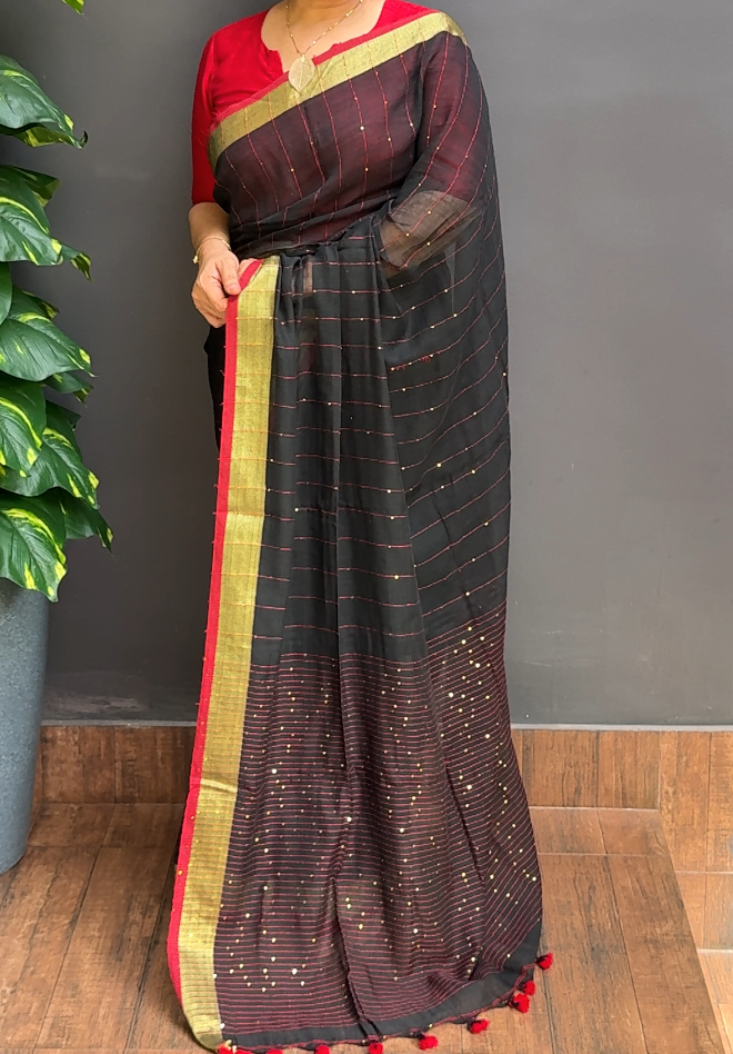 2167SR02 | Jet Black Khadi Cotton Saree W/ Full Body Thread Woven-Sequins Work W/ Border & Pallu