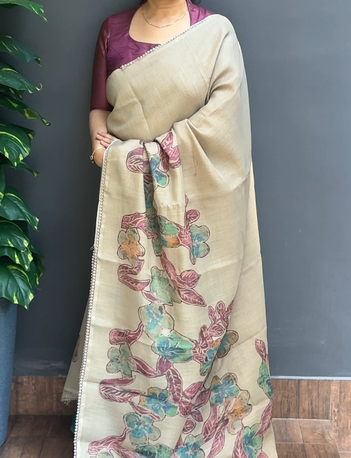 2127SR03 | Chikku Tissue Blended Linen Saree W/ Full Body Floral Design-Chain Stitch Thread Work W/ Border & Pallu