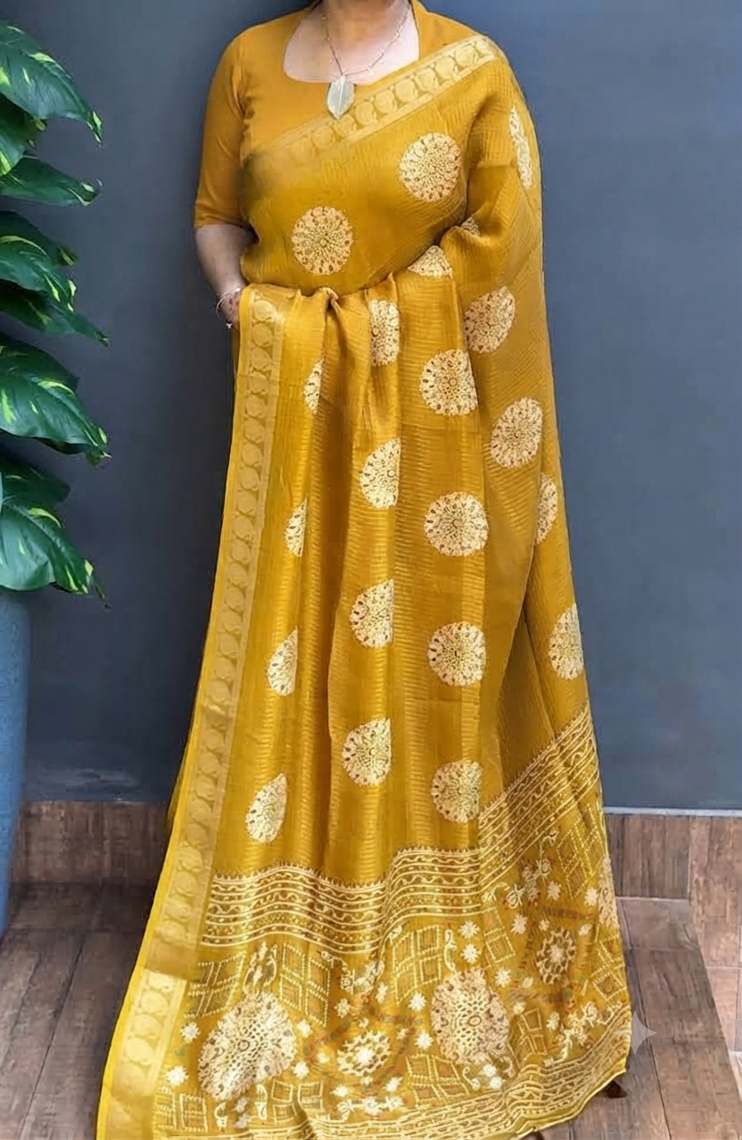 2159SR03 | Mustard Yellow Semi Silk Saree W/ Full Body Zari Woven Checkered Pattern W/ Border & Pallu