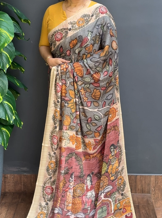 2125SR04 | Pencil Grey Georgette Saree W/ Full Body Multicolor Kalamkari Design W/ Border & Pallu