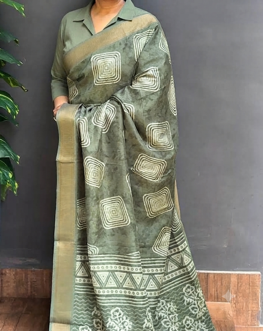 2112SR04 | Pastel Green Semi Silk Saree W/ Full Body Geometrical Pattern-Bathik Design W/ Border & Pallu