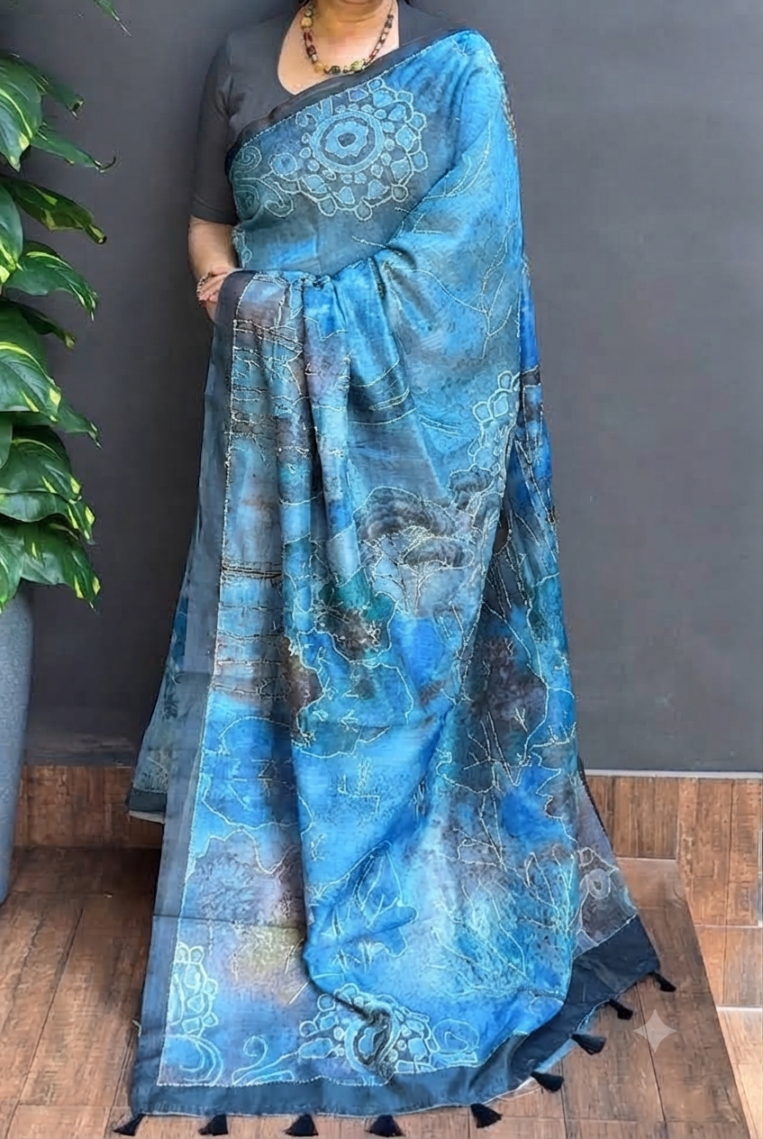 2135SR04 | Multicolor Semi Linen Saree W/ Full Body Handwork W/ Border & Pallu