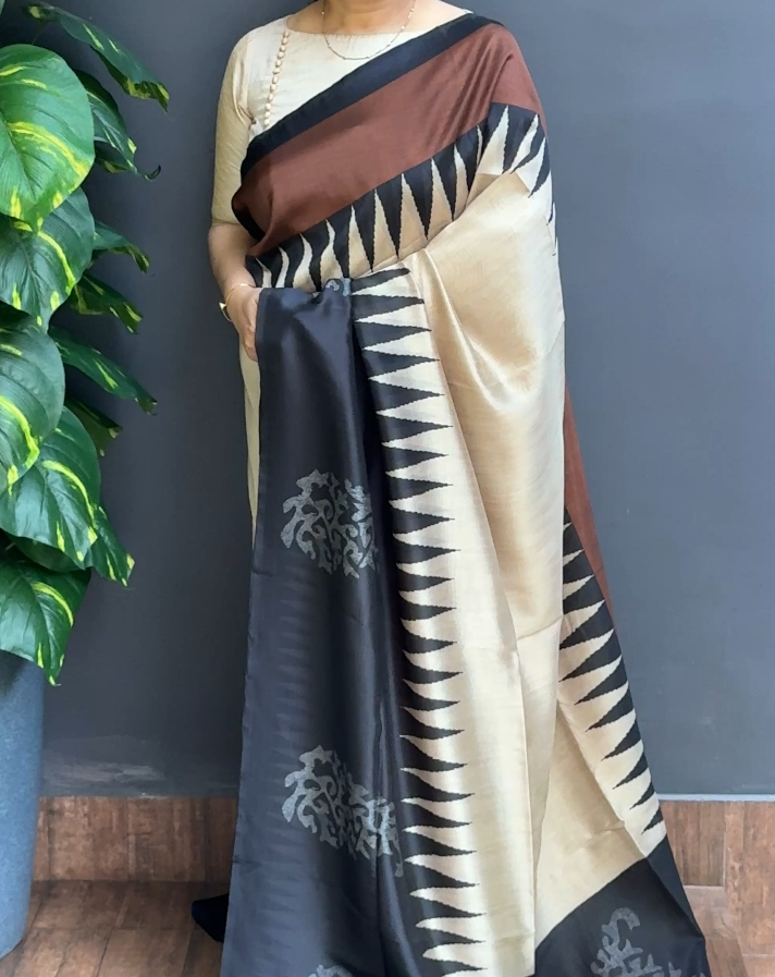 2124SR04 | Ivory Cream-Deepest Brown Soft Silk Saree W/ Full Body Temple Design W/ Border & Pallu