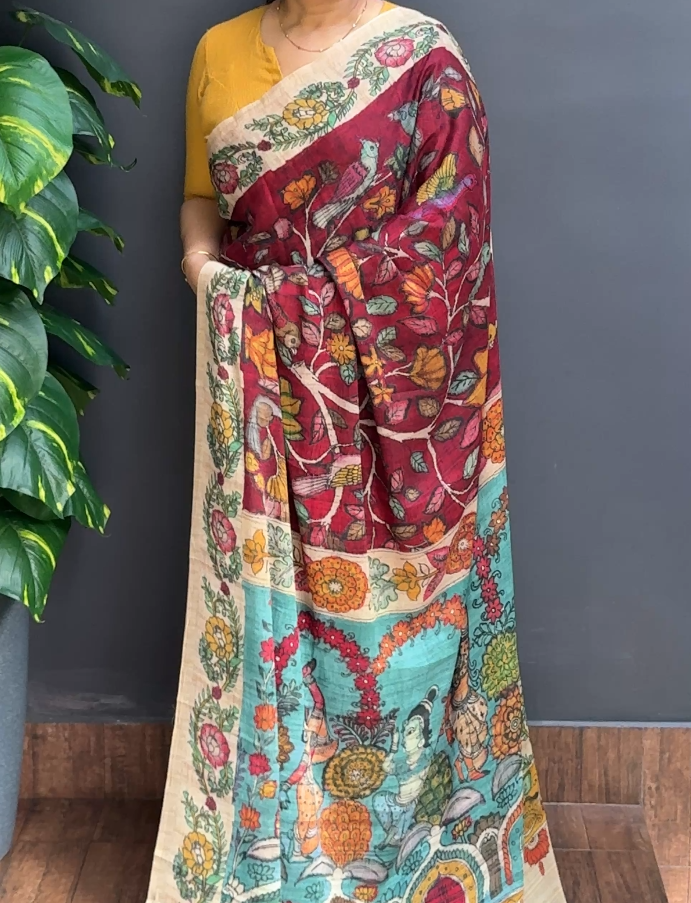 2125SR05 | Redish Maroon Georgette Saree W/ Full Body Multicolor Kalamkari Design W/ Border & Pallu