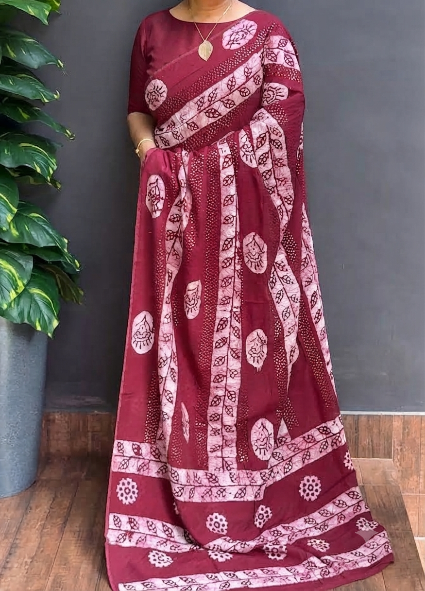 2148SR05 | Deepest Maroon Slub Linen Cotton Saree W/ Full Body Horizontal Bathik Design-Sequins Work W/ Border & Pallu