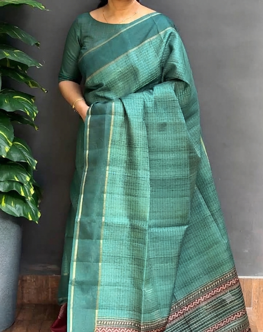2129SR05 | Rama Green Soft Semi Silk Saree W/ Full Body Thread Woven Pattern W/ Bentex Border & Pallu