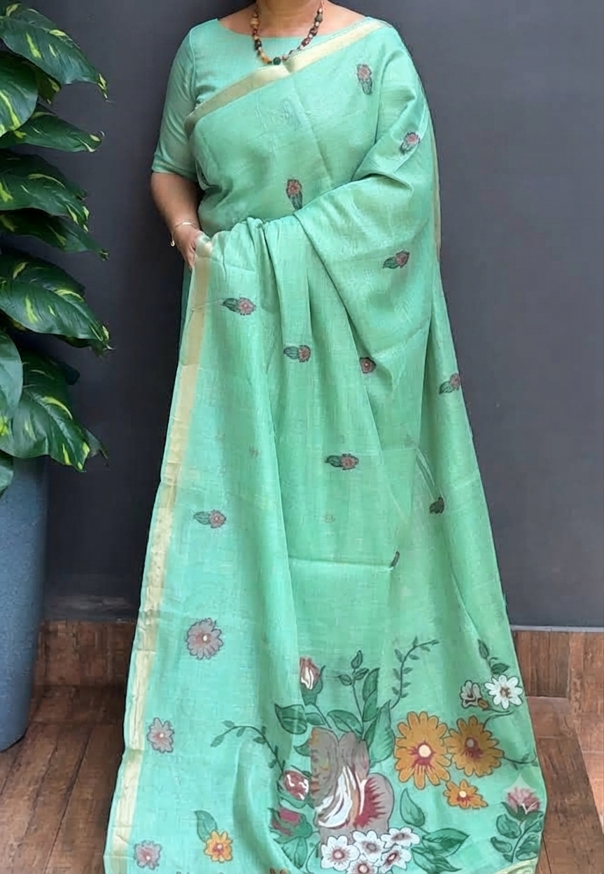 2160SR05 | Turquoise Green Semi Chanderi Saree W/ Full Body Jamdhani Woven Design W/ Border & Pallu
