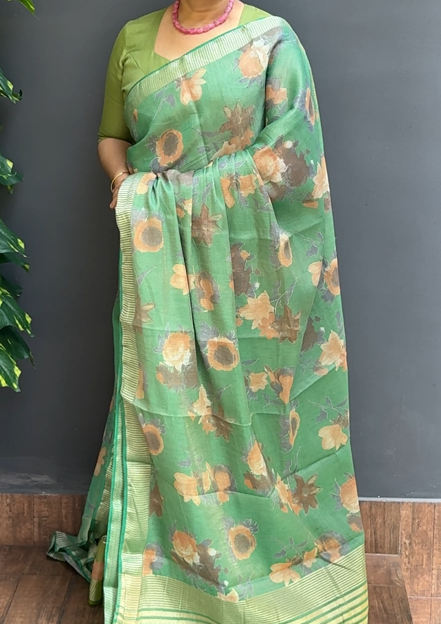 1956SR06 | Turquoise Green Tissue Blended Semi Silk Saree W/ Full Body Floral Design W/ Border & Pallu
