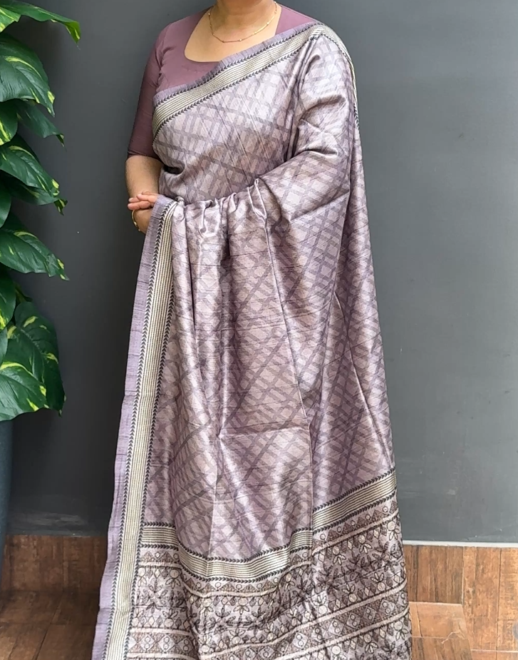 2106SR06 | Lavender Soft Semi Silk Saree W/ Full Body Geometrical Abstract Design W/  Kantha Work Pallu