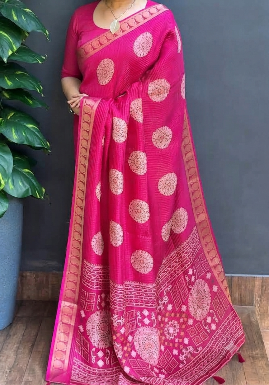 2159SR06 | Fuchsia Majenta Semi Silk Saree W/ Full Body Zari Woven Checkered Pattern W/ Border & Pallu