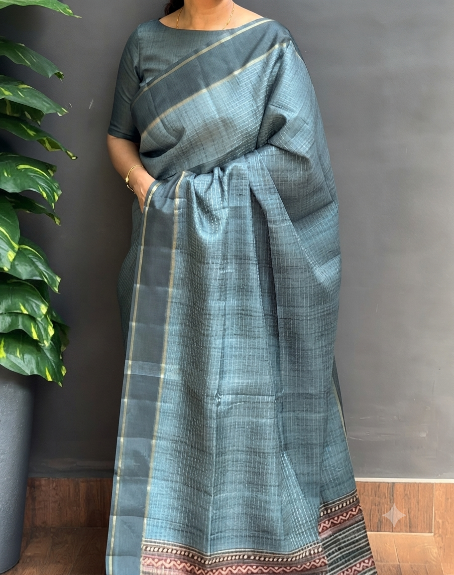 2129SR06 | Oxford Blue Soft Semi Silk Saree W/ Full Body Thread Woven Pattern W/ Bentex Border & Pallu