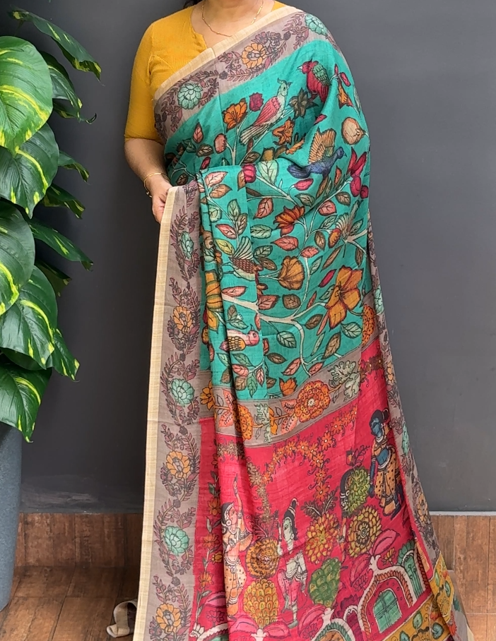 2125SR06 | Turquoise Green Georgette Saree W/ Full Body Multicolor Kalamkari Design W/ Border & Pallu