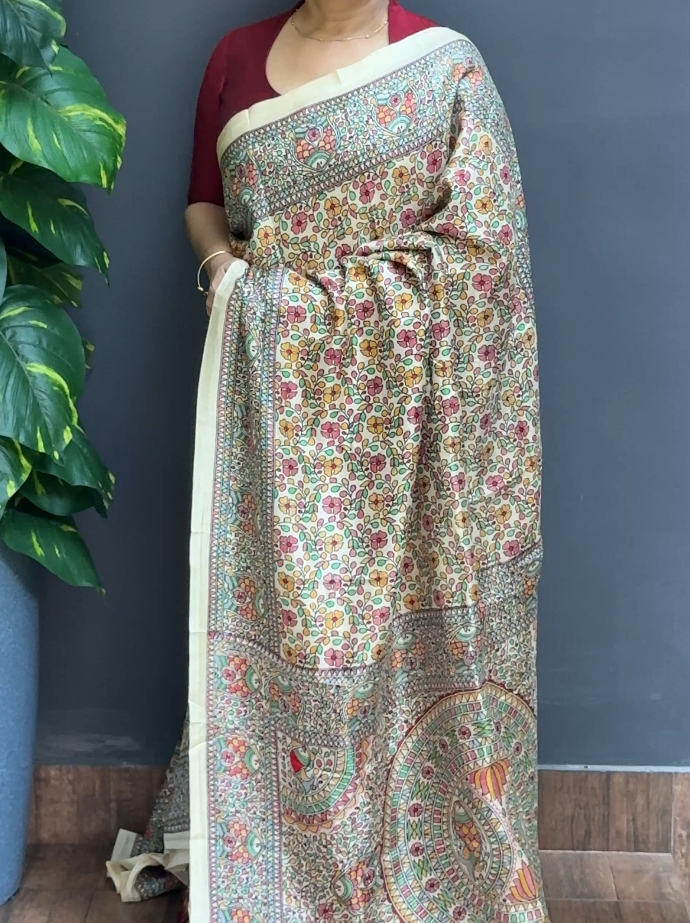 2114SR09 | Multicolor Semi Silk Saree W/ Full Body Madhubani Design W/ Border & Pallu