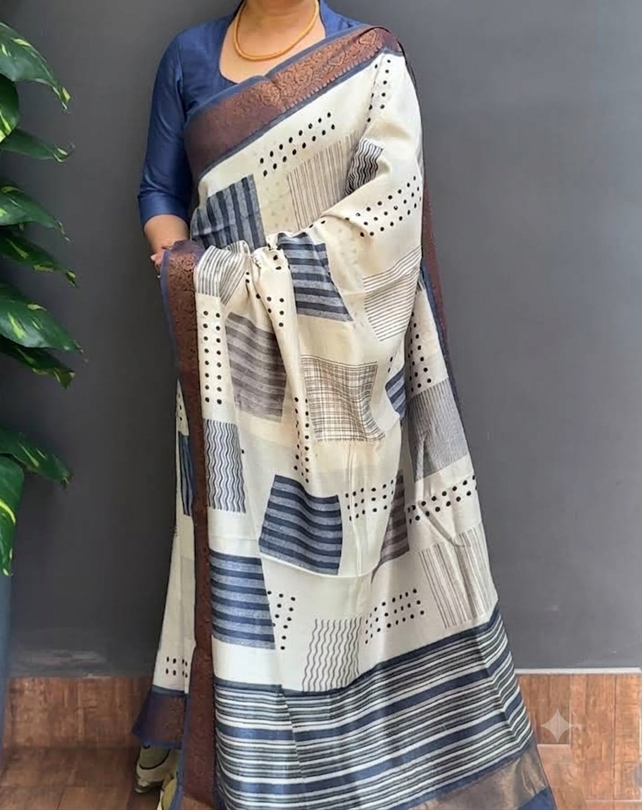 2118SR06 | Pearl Cream Pure Chanderi Silk Saree W/ Full Body Geometrical Pattern-Polka Design W/ Banarasi Border & Pallu