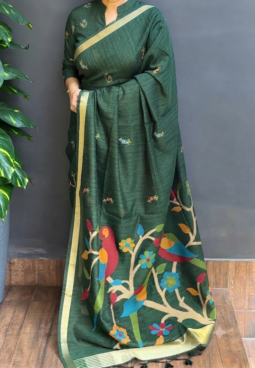 2130SR03 | Deepest Green Soft Semi Jute Silk Saree W/ Full Body Jamdhani Woven Design W/ Border & Pallu