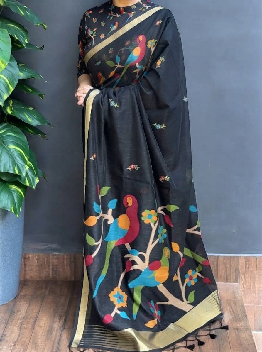 2130SR01 | Jet Black Soft Semi Jute Silk Saree W/ Full Body Jamdhani Woven Design W/ Border & Pallu