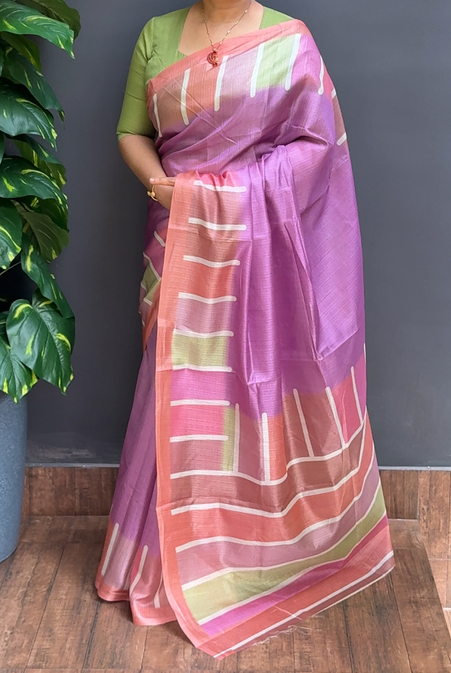 2223SR01 | Lavender Synthetic Semi Silk Saree W/ Multicolor Stripe Pattern Border & Pallu