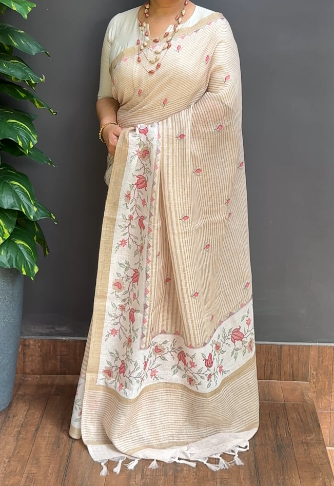 2224SR01 | Pearl Cream Pure Linen Saree W/ Full Body Horizonal Stripe Pattern W/ Border & Pallu