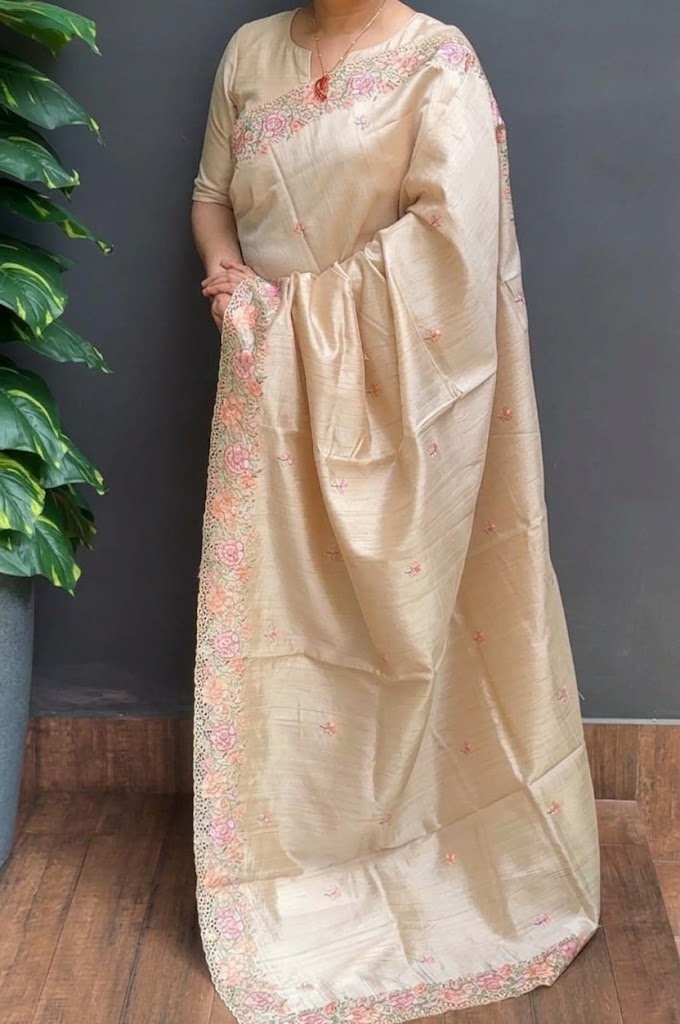 2036SR01 SPL | Chikku Semi Silk Saree W/ Full Body Multicolor Floral Cutwork Border & Pallu