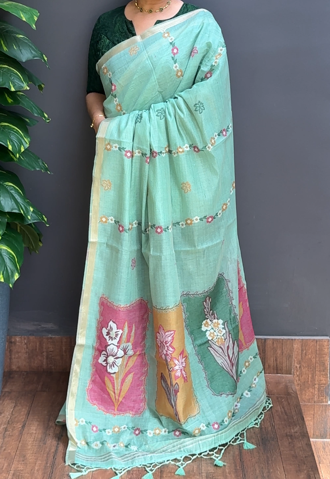2175SR02 | Aqua Green Soft Chanderi Saree W/ Full Body Jamdhani Woven Design W/ Border & Pallu