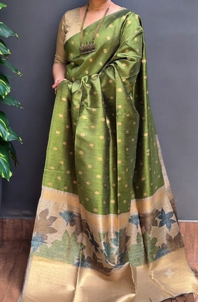 2227SR02 | Leaf Green Soft Semi Banarasi Silk Saree W/ Full Body Zari Woven Motifs W/ Pallu