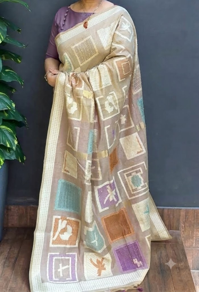 2180SR02 | Pure Tussar Chanderi Saree W/ Full Body Multicolor Geometrical Handwork Motifs W/ Border & Pallu
