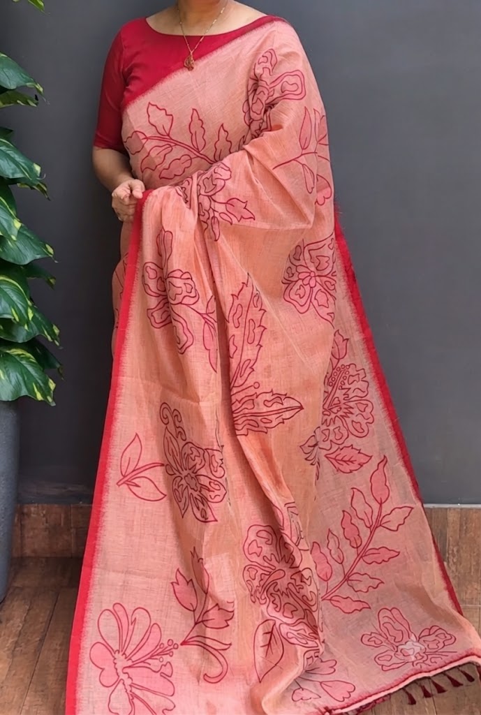 2233SR02 | Peach Chanderi Cotton Saree W/ Full Body Thread Woven Design W/ Border & Pallu