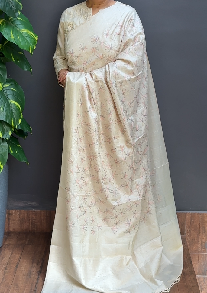 2187SR03 | Pearl Cream Soft Semi Tussar Saree W/ Full Body Floral Embroidery Work W/ Border & Pallu