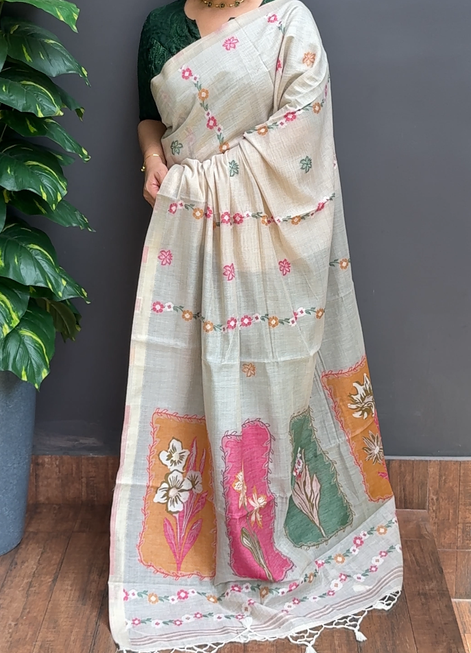 2175SR03 | Ivory Cream Soft Chanderi Saree W/ Full Body Jamdhani Woven Design W/ Border & Pallu