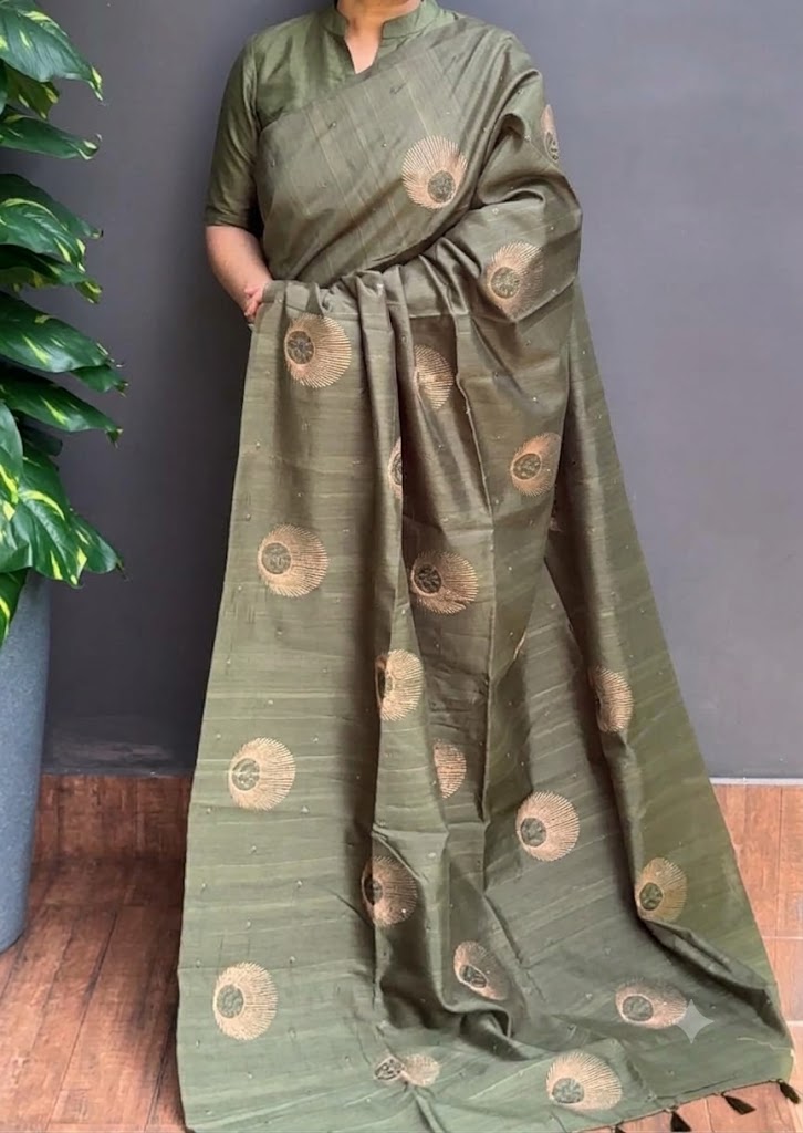 2215SR03 | Cactus Green Soft Semi Silk Saree W/ Full Body Copper Zari Work W/ Pallu