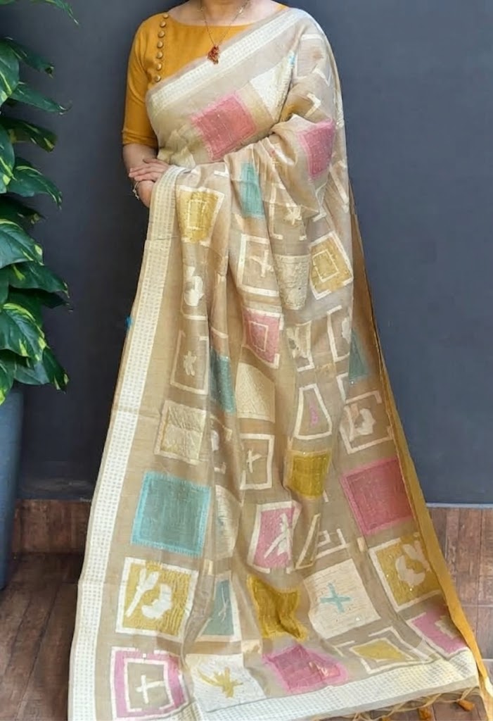 2180SR03 | Pure Tussar Chanderi Saree W/ Full Body Multicolor Geometrical Handwork Motifs W/ Border & Pallu