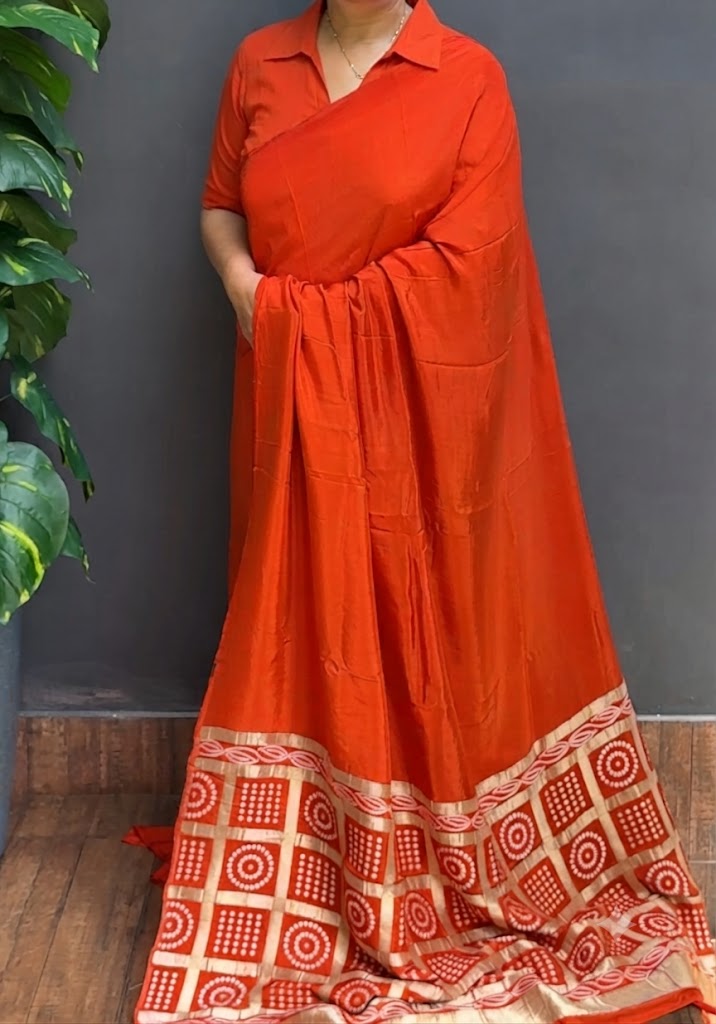 2234SR03 | Rustic Orange Semi Crepe Silk Saree W/Bandhej Woven Pallu