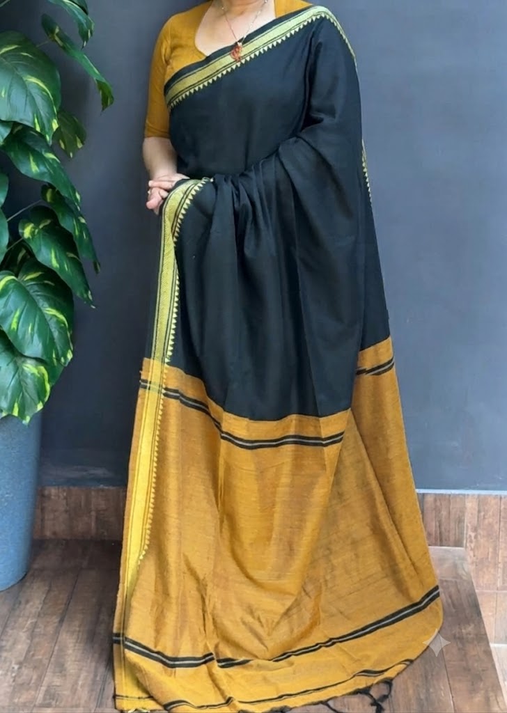 2194SR03 | Black Khadi Cotton Saree W/ Full Body Temple Woven Border & Contrast Pallu