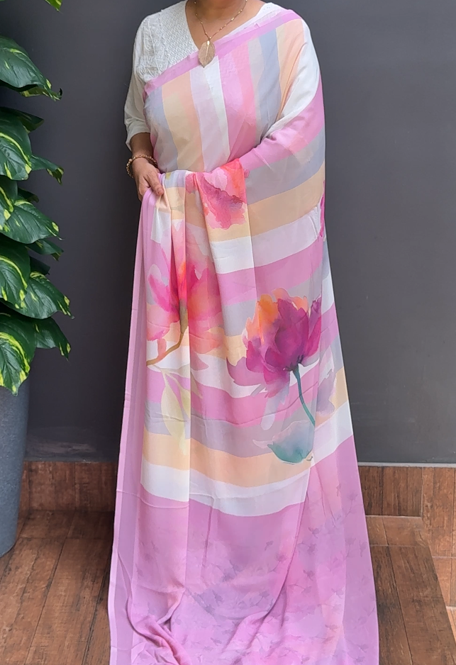 2155SR03 | Multicolor Faux Chiffon Saree W/ Full Body Stripe Pattern-Floral Design W/ Border & Pallu