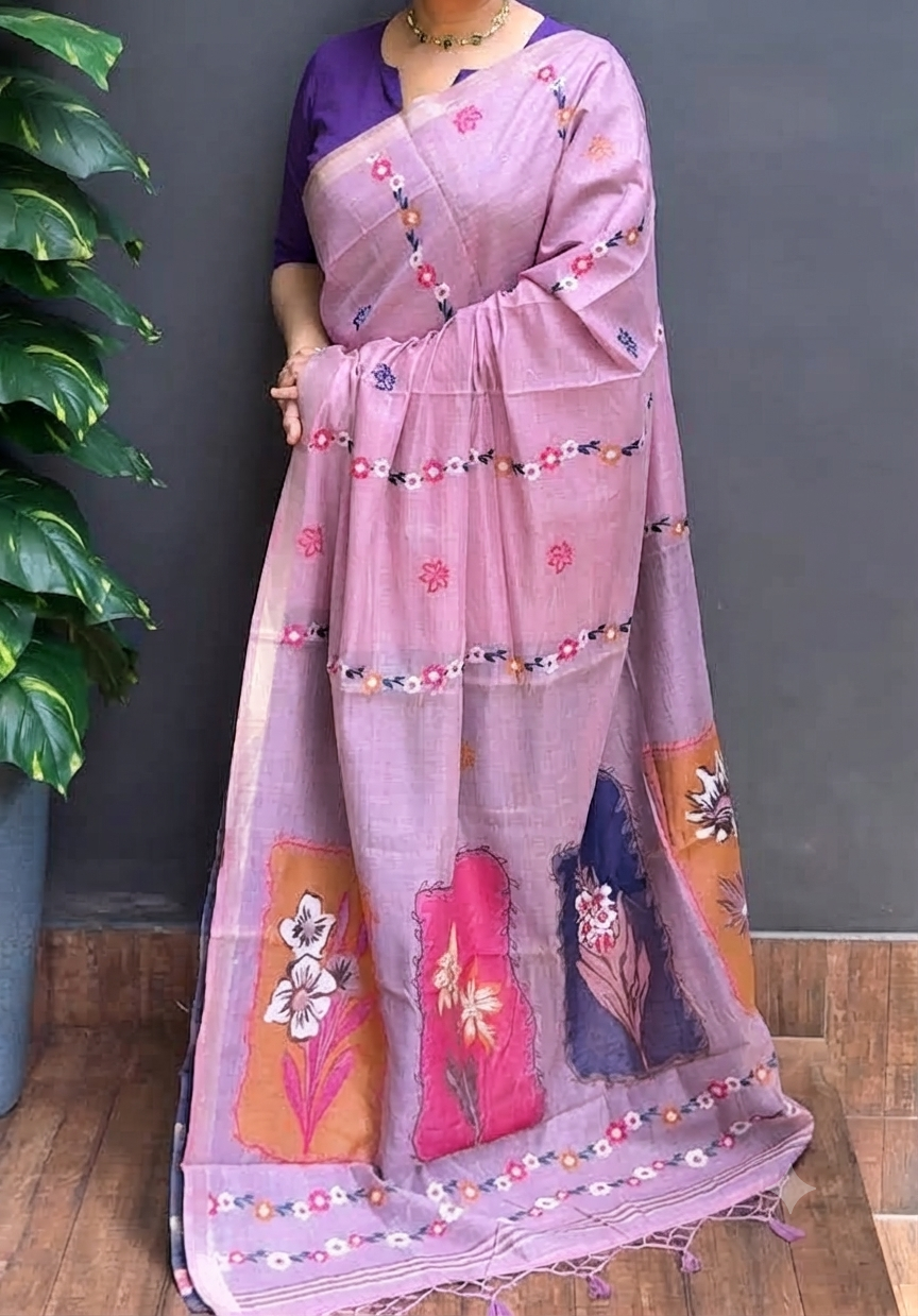 2175SR04 | Lavender Soft Chanderi Saree W/ Full Body Jamdhani Woven Design W/ Border & Pallu