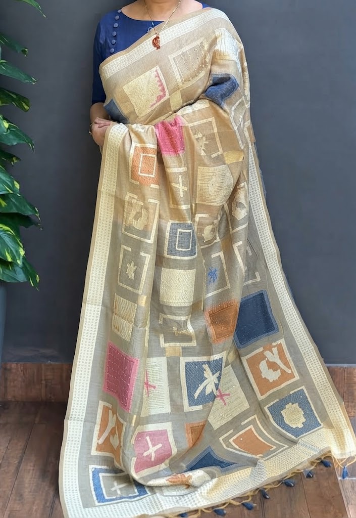 2180SR04 | Pure Tussar Chanderi Saree W/ Full Body Multicolor Geometrical Handwork Motifs W/ Border & Pallu